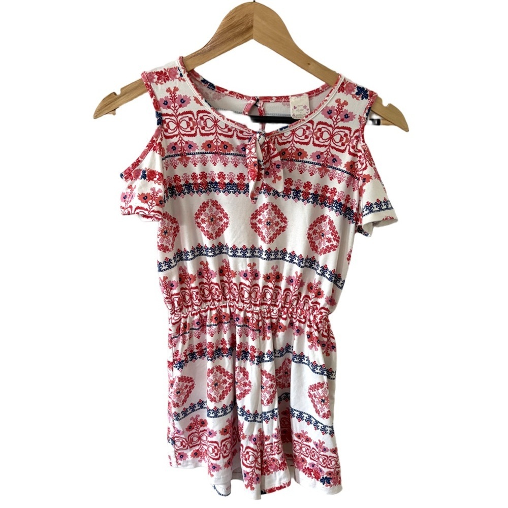 Stylish Red and Blue Patterned Cold Shoulder Blouse